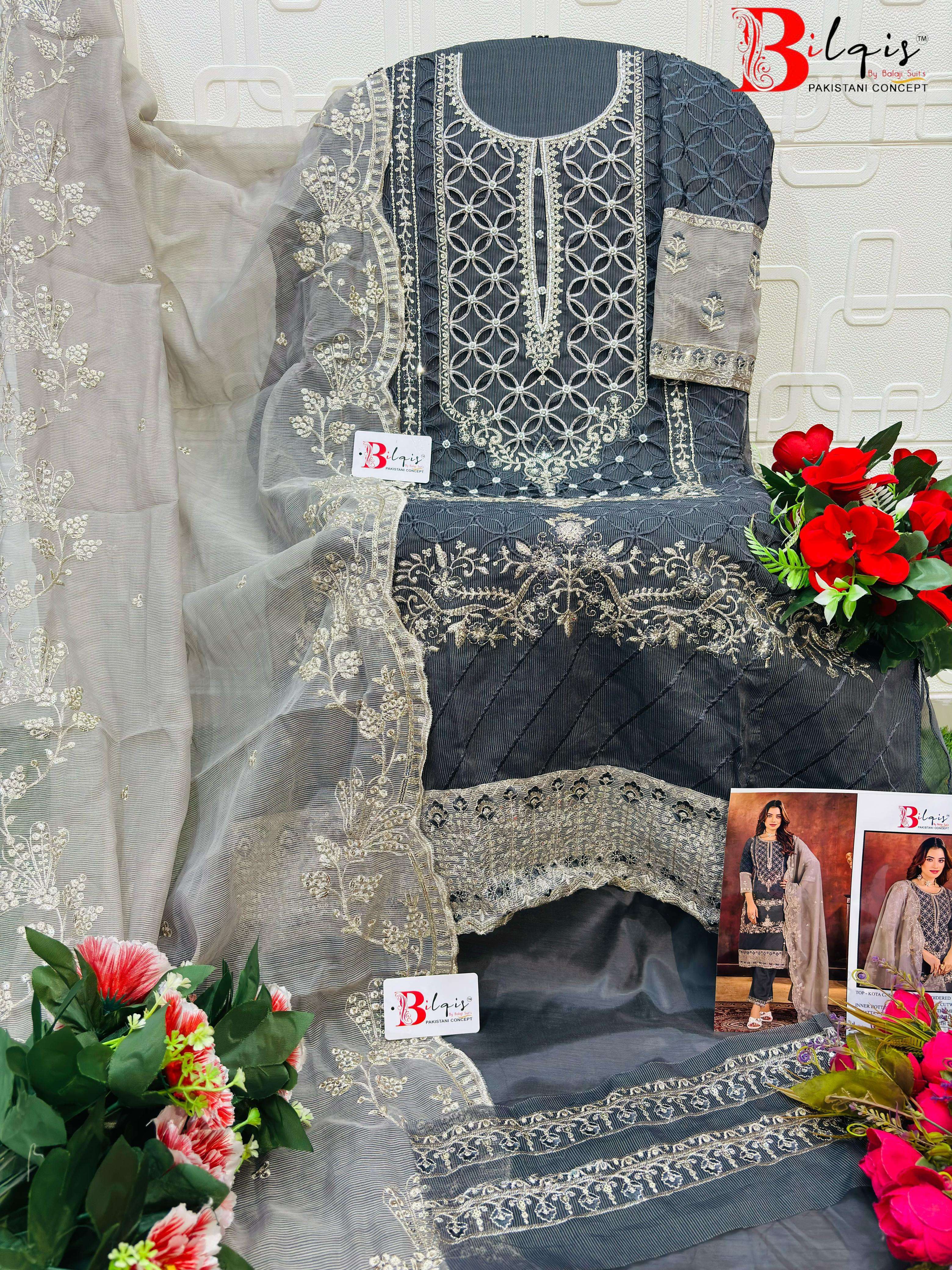 BILQIS B 219 KOTA CHECKS HEAVY WORK PAKISTANI TYPE SUIT MATERIAL SET FESTIVAL EXPORT